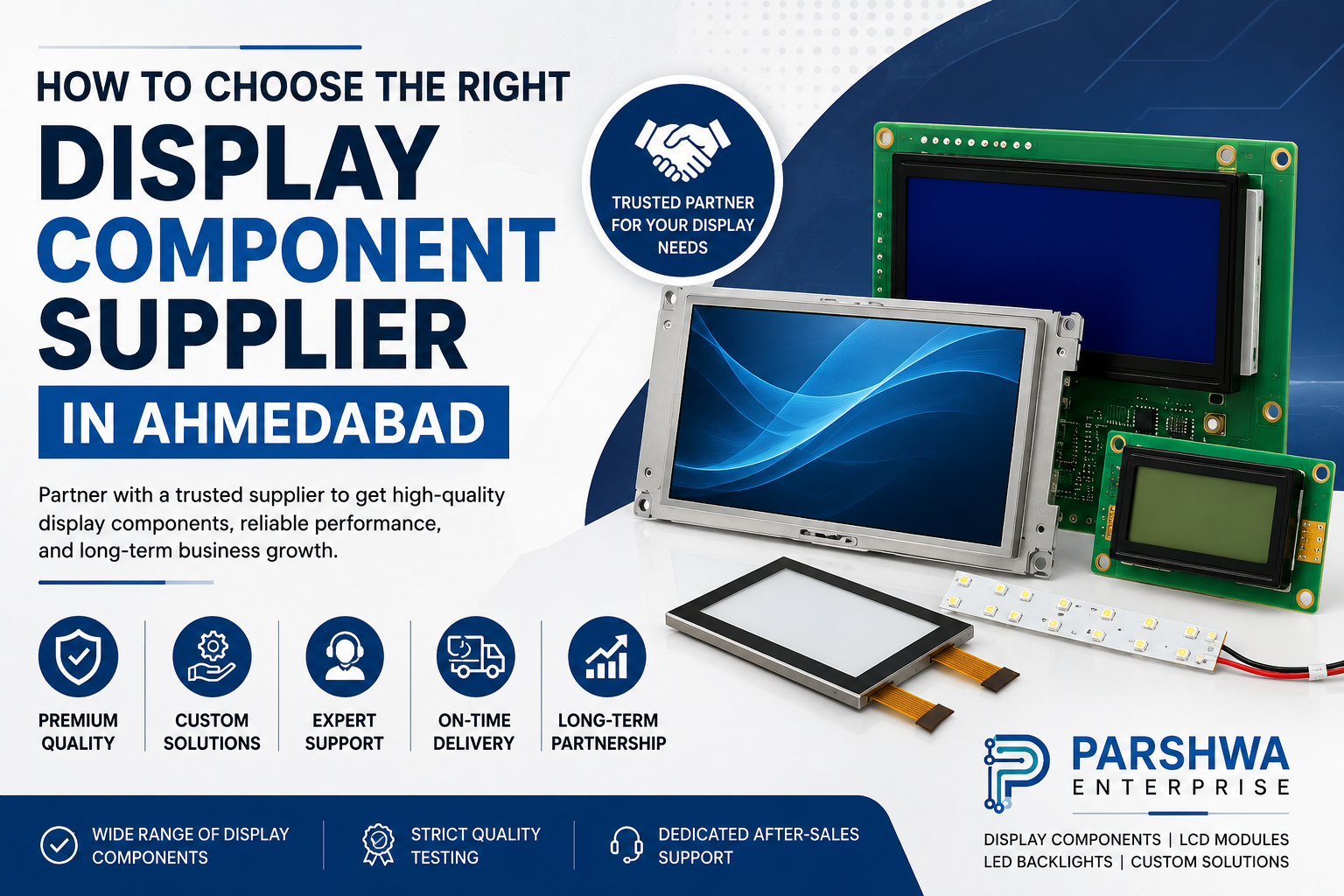 Display Component Supplier in Ahmedabad offering LCD modules, LED backlights, touchscreen panels, and custom display solutions for industrial applications.