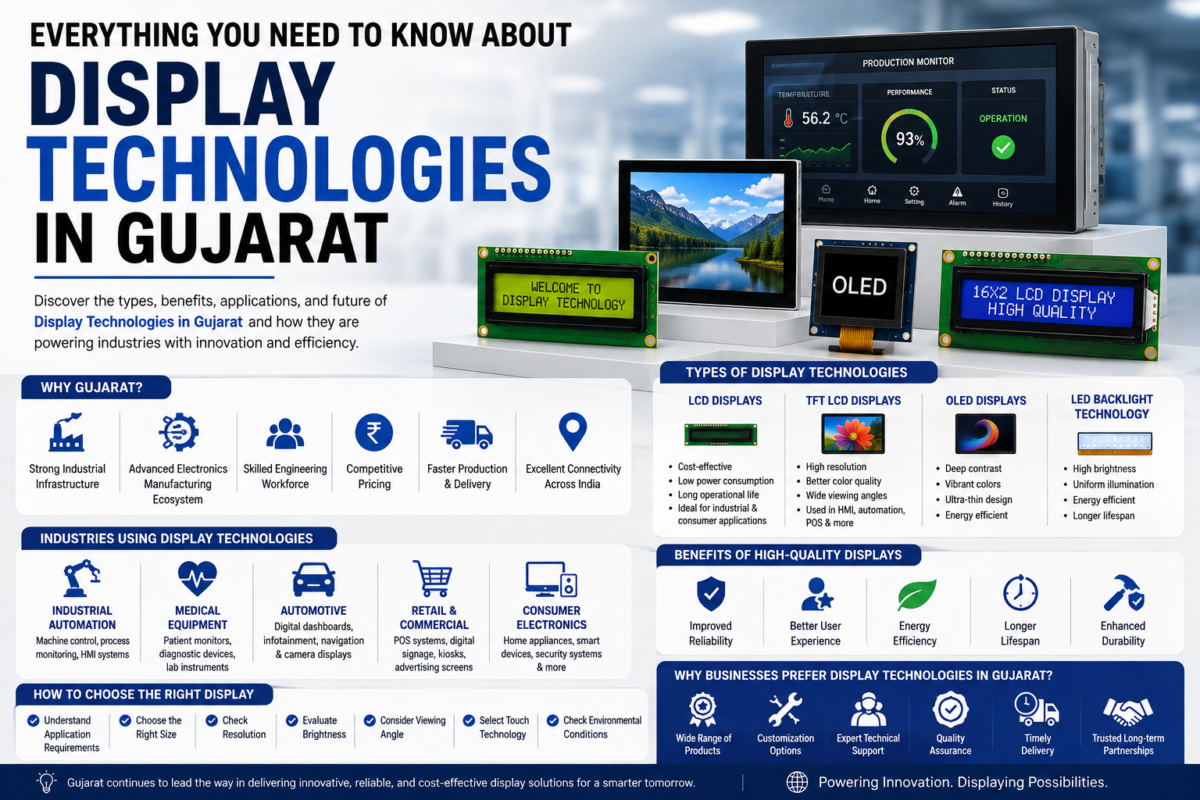 Display Technologies in Gujarat featuring LCD, TFT, OLED displays and industrial electronic display solutions.